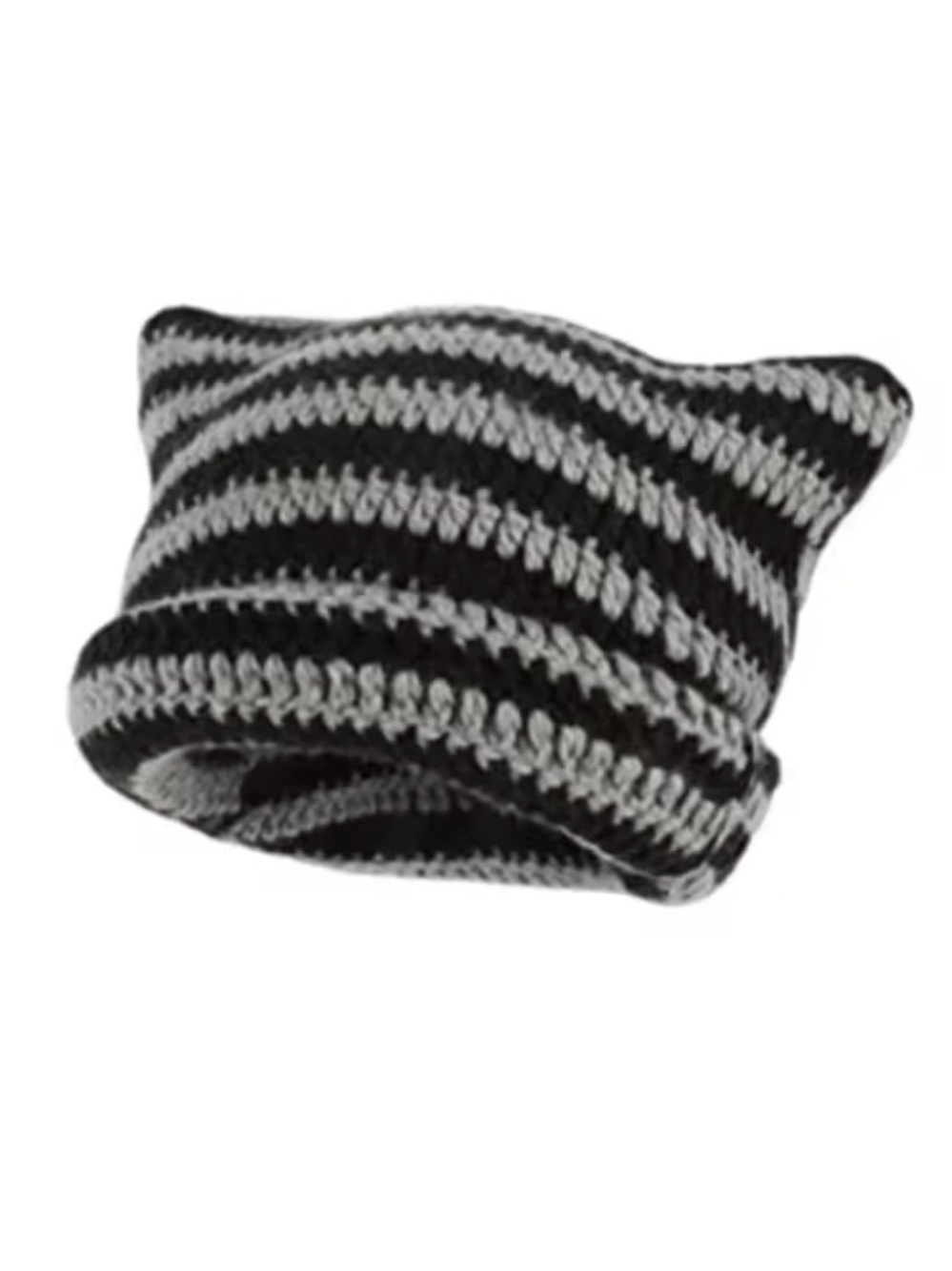 Striped Knit cat eat Beanie Hat - Black & Gray